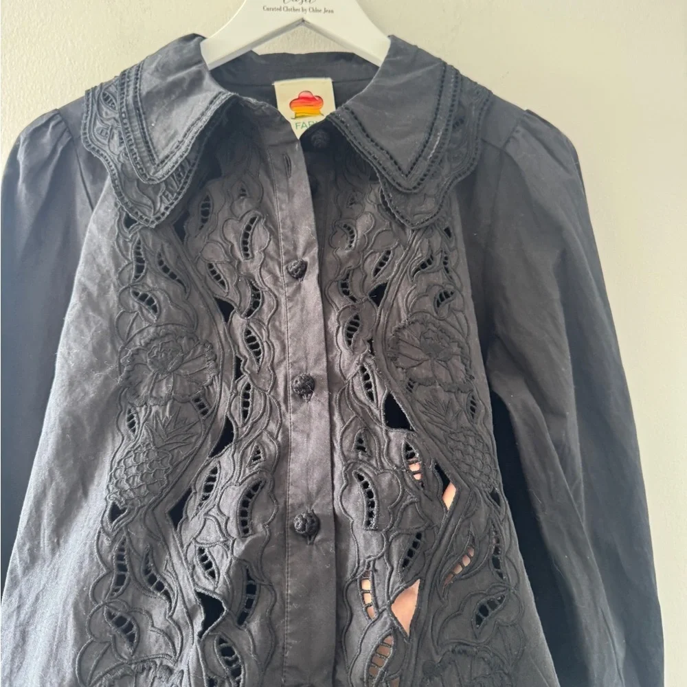 FARM RIO Embroidered Eyelet Puff Sleeve Button Up Black Shirt M